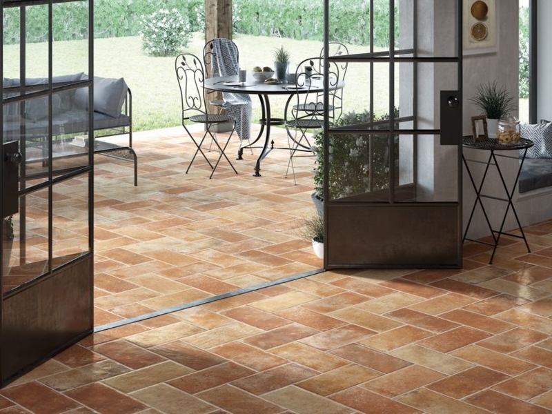 Floor Tile Terracotta Effect Herringbone Layout, Patio