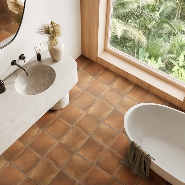 Floor Tile Terracotta Look Porcelain Grid Pattern Organic Modern Spa