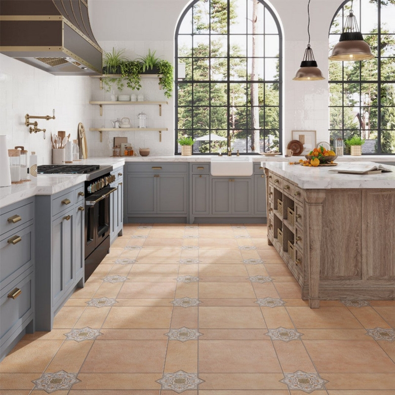Floor Tile Terracotta Star Motif Insets Matte Mediterranean Kitchen