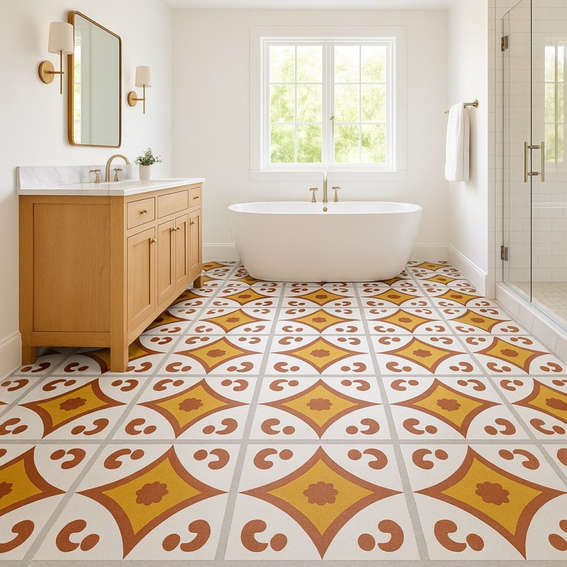 Floor Tile Terracotta Yellow Scroll Pattern Matte Finish Mediterranean