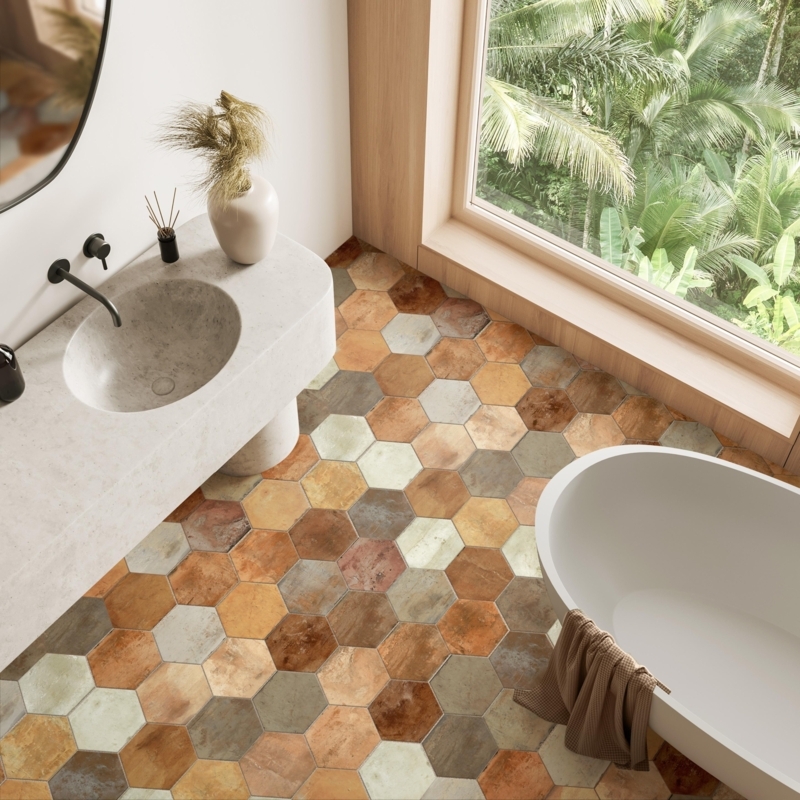 Floor Tile Variegated Hexagon Patterns Matte Weathered Terracotta