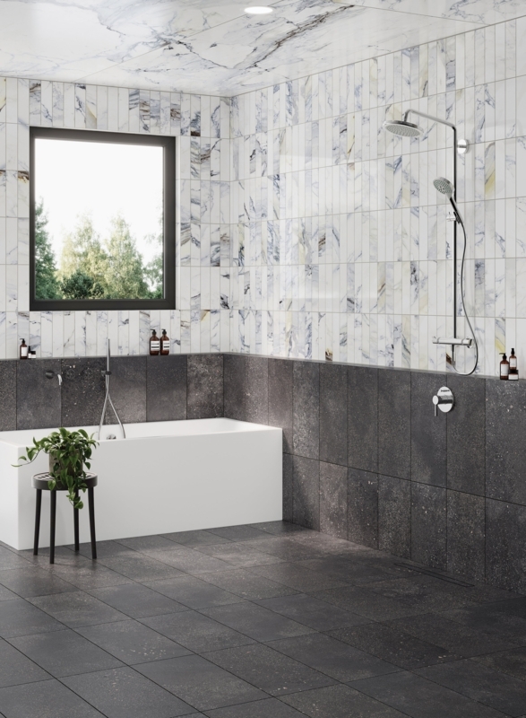 Floor Tile: Vertically Stacked, High Contrast Bathroom Layout, Mottled Texture, Matte