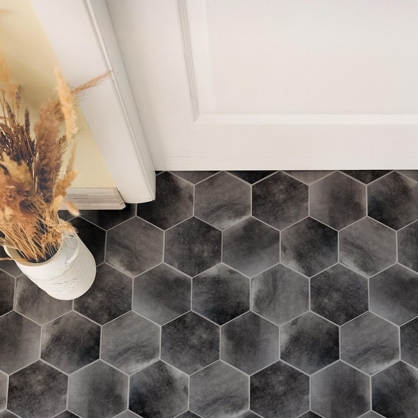 Floor Tile Weathered Charcoal Finish Industrial Honeycomb Layout