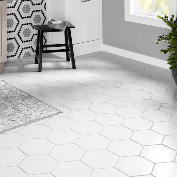 Floor Tile White Large Format Hex Satin Finish Minimalist Ideas