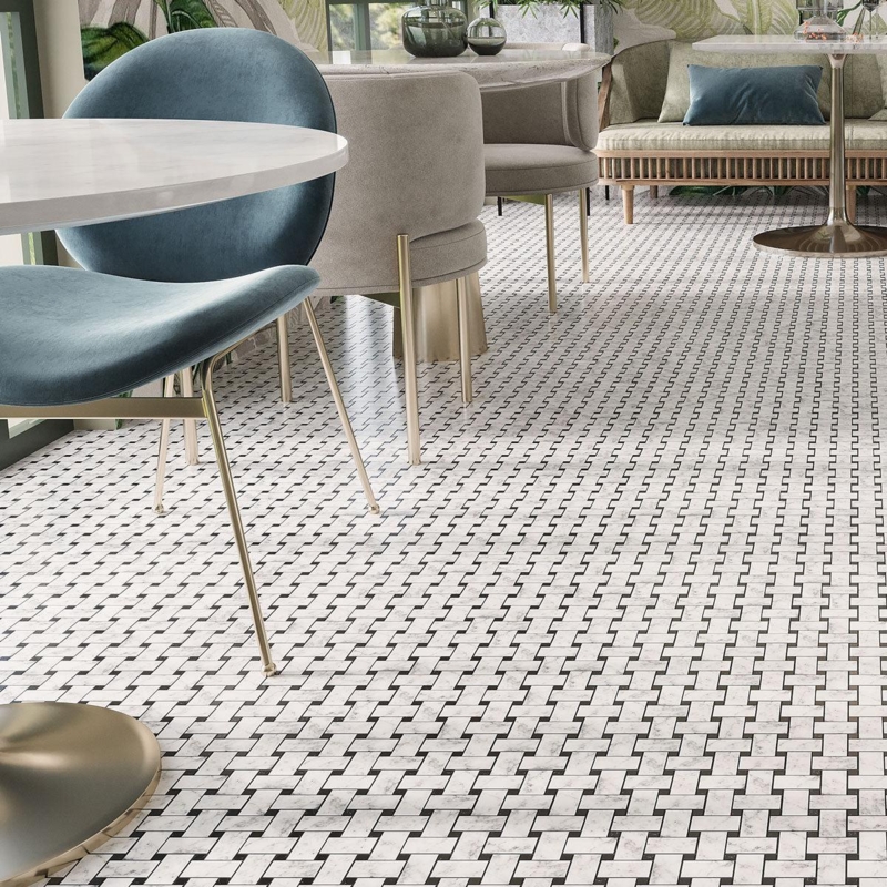 Floor Tile with Black and White Basketweave Pattern