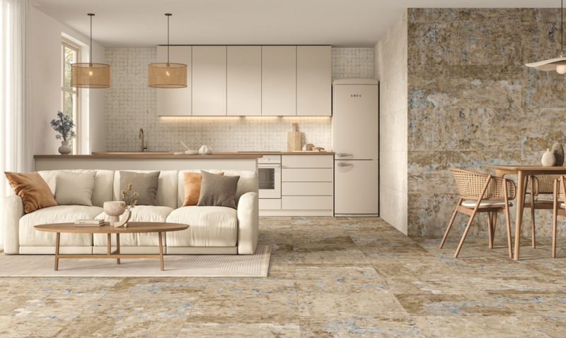 Floor Tile with Distressed Stone Look in Open Plan Living