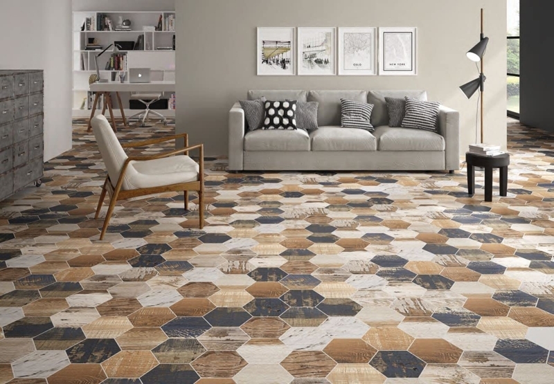 Floor Tile Wood Look Porcelain Hexagon Mixed Grain Pattern Vintage