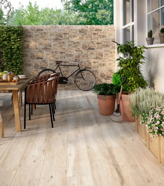 Floor Tile: Wood-Look Porcelain Large-Format Planks, Rustic Patio