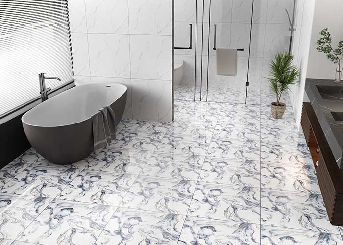 Floor Tiles: Blue Marbled Pattern, Polished Finish, Freestanding Tub