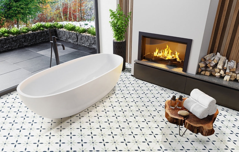 Floor Tiles Geometric Floral Motif Navy Patterned Porcelain Satin