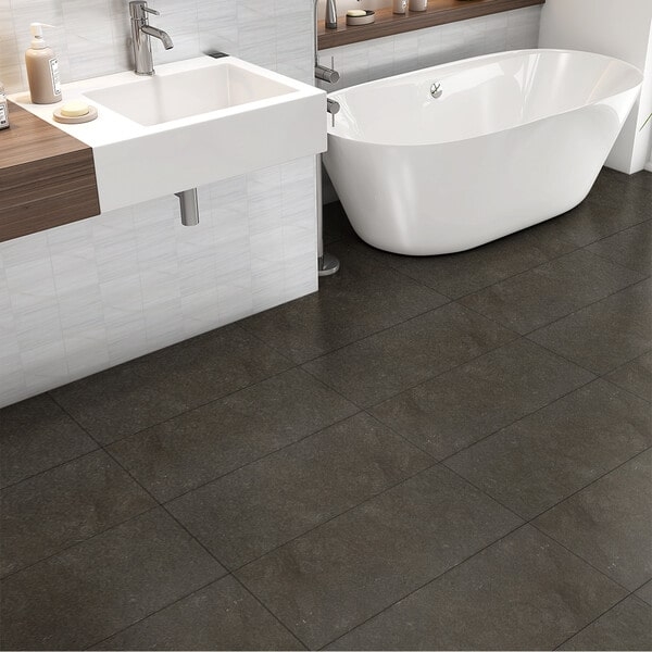 Floor Tiles in Bathroom with Freestanding White Tub Modern Charcoal