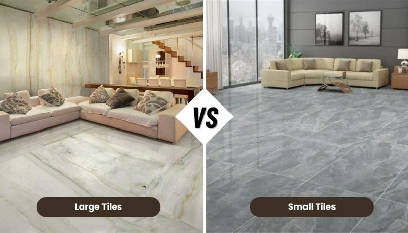 Floor Tiles Living Room: Polished Oversized Slab & Marble Look