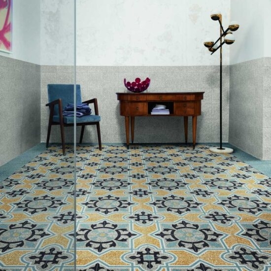 Floor Tiles Ochre Yellow Dusty Blue Geometric Pattern Matte Stoneware
