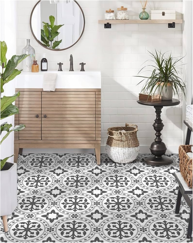 Floor Tiles Peel And Stick Retro Graphic Floral Pattern Grey And White