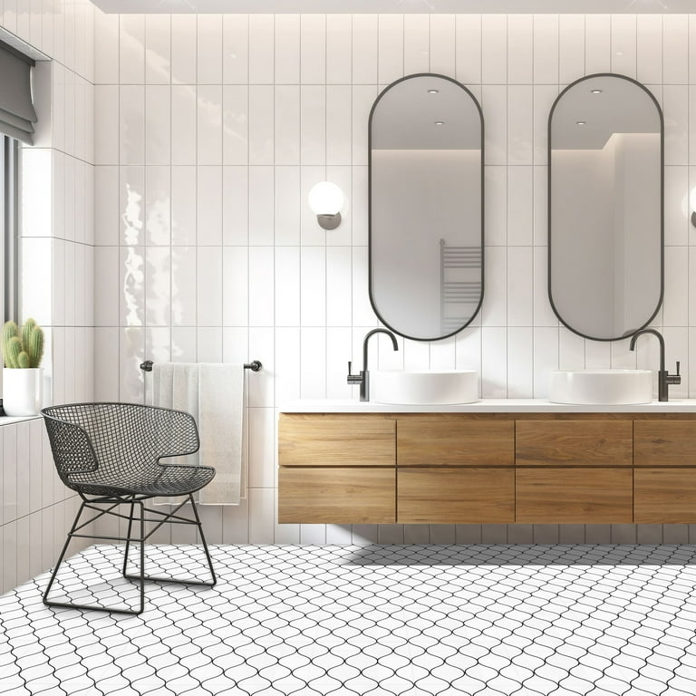 Floor Tiles Scallop Pattern Black And White Vinyl Modern Bathroom