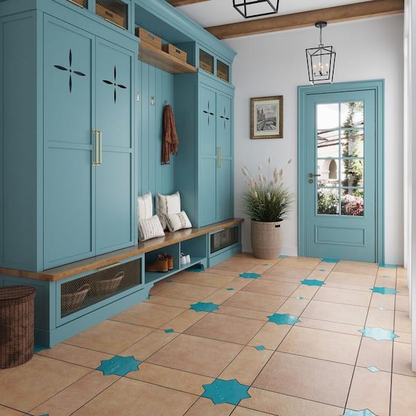 Floor Tiles Tan With Blue Star Pattern Accents Matte Transitional
