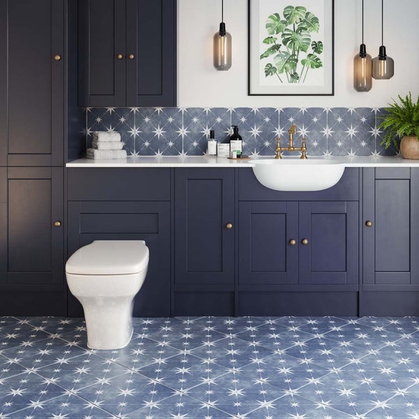 Floor Wall Tile Navy Blue Matte Starburst Geometric Pattern