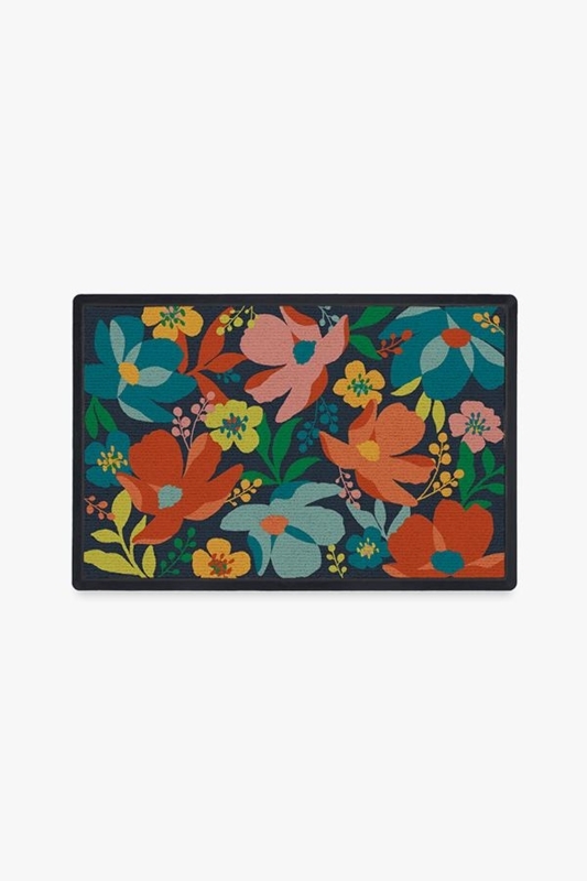 Floral Doormat Oversized Print Dark Navy Ground Low Profile Rug