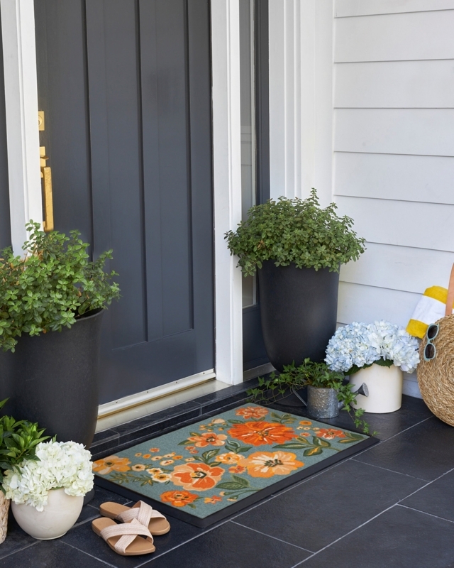 Floral Doormat Teal and Orange Print Modern Cottage Porch Decor