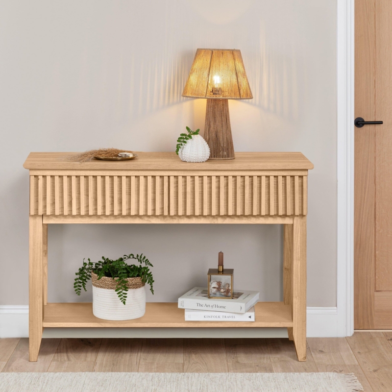 Fluted Console Table Pale Finish Tapered Legs Two-Tier