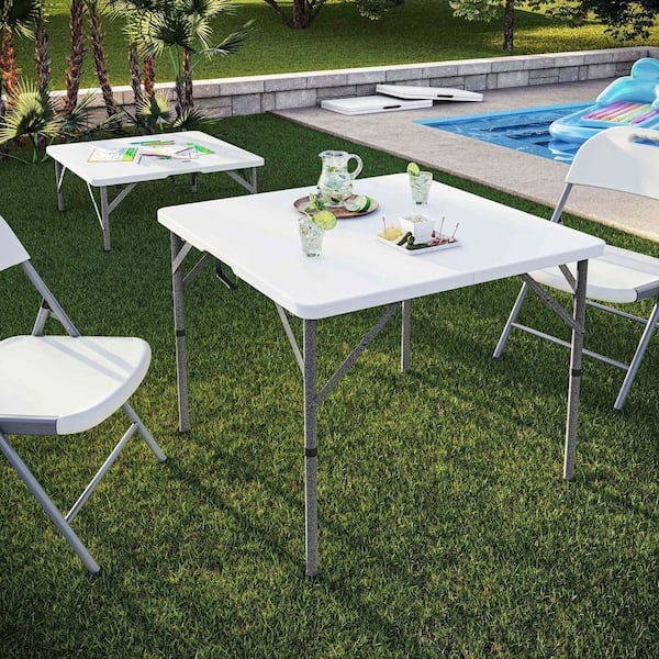 Folding Table Square White Plastic Height Adjustable Carry Handle