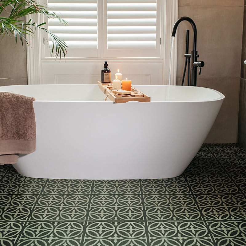 Freestanding Bathtub Dark Green Patterned Floor Tiles