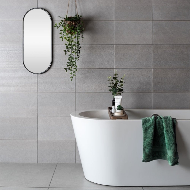 Freestanding Bathtub: Large Format Gray Tiles Minimalist Spa Bathroom