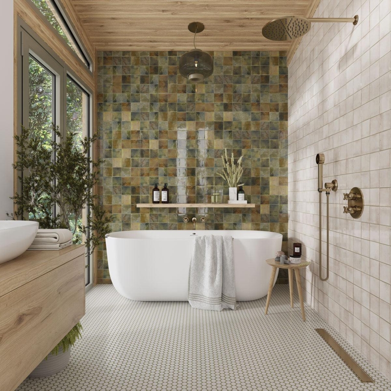 Freestanding Bathtub: Olive Green Feature Wall, Wood Slat Ceiling