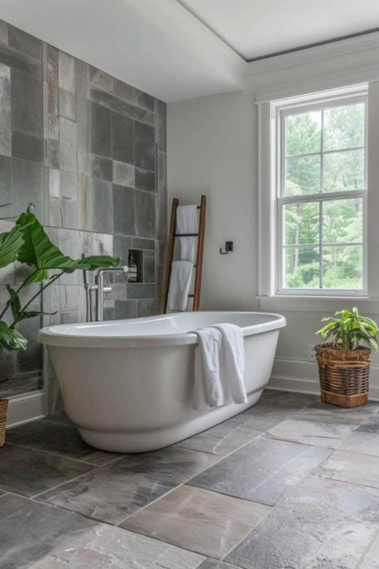 Freestanding Bathtub Setting with Large Format Gray Stone Wall Tile