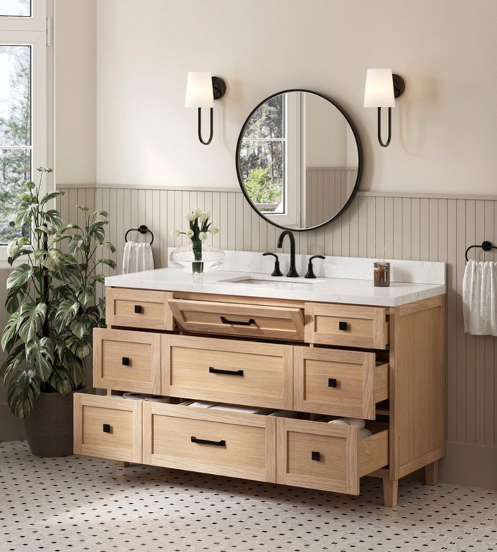 Freestanding Light Oak Vanity, Multiple Drawers & Quartz Top