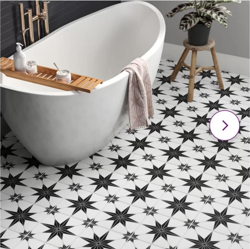 Freestanding Oval Bathtub in Modern B&W Bathroom with Starburst Tile