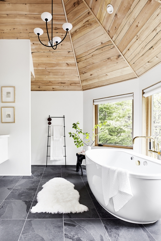 Freestanding Soaking Tub Wood Vaulted Ceiling Design Slate Floor Tiles