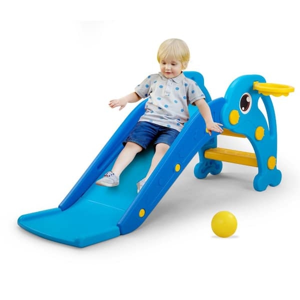 Freestanding Toddler Slide with Basketball Hoop and Elephant Panels