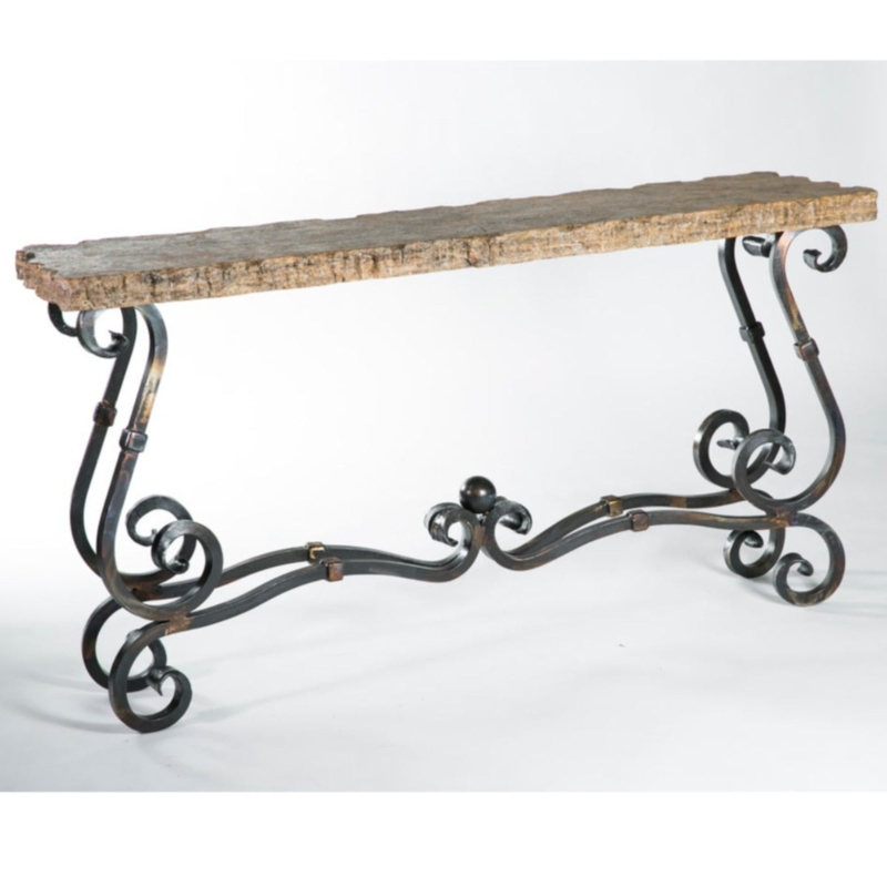 French Country Console Table Ornate Iron Scrollwork Bark Edge Top