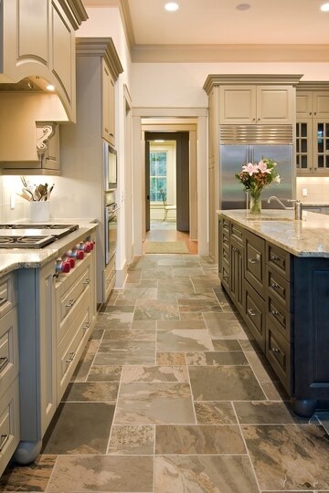 French Pattern Floor Stone Tiles Kitchen Island Red Accent Knobs