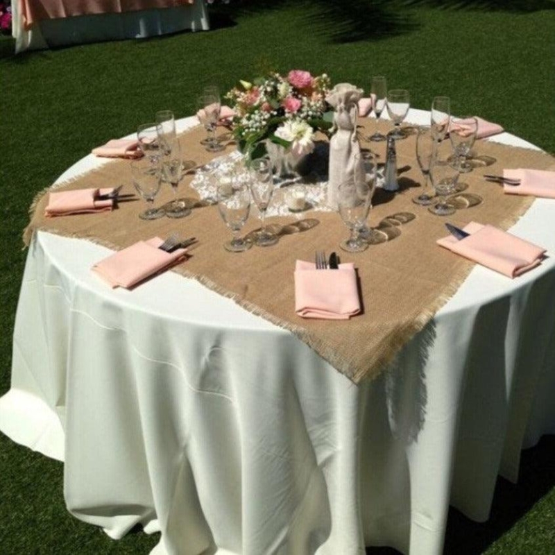 Fringed Burlap Square Tablecloth Topper for Layered Rustic Garden Decor