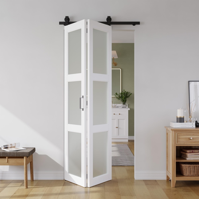 Frosted Glass Bifold Barn Door Three Panel Space Saving Matte Hardware