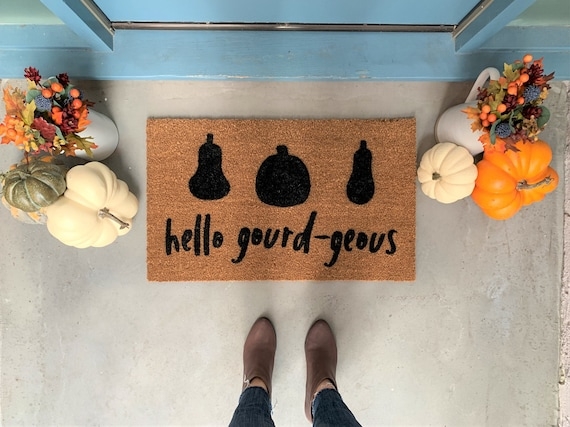 Funny Fall Doormat, Coir with 'Hello Gourd-geous' Punny Text