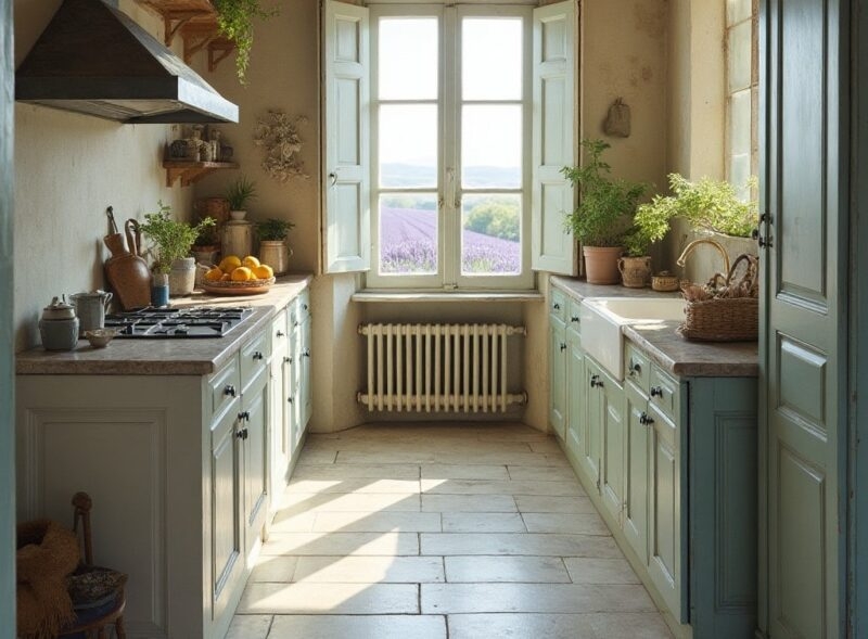Galley Kitchen Sage Green Cabinets Stone Tile Floor Cast Iron Radiator