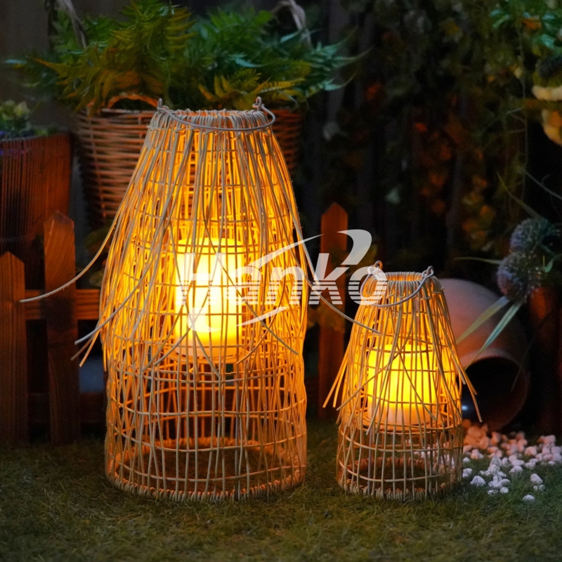 Garden Lantern Set Woven Rattan Bell Shape Bohemian Natural Garden