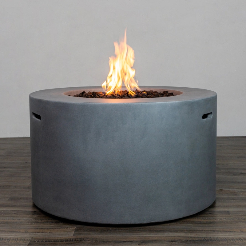 Gas Fire Pit Drum Base Natural Gray Stone Like Cylindrical Hidden Tank