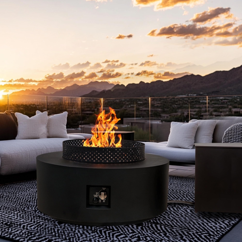 Gas Fire Table Round Matte Black Perforated Wind Guard