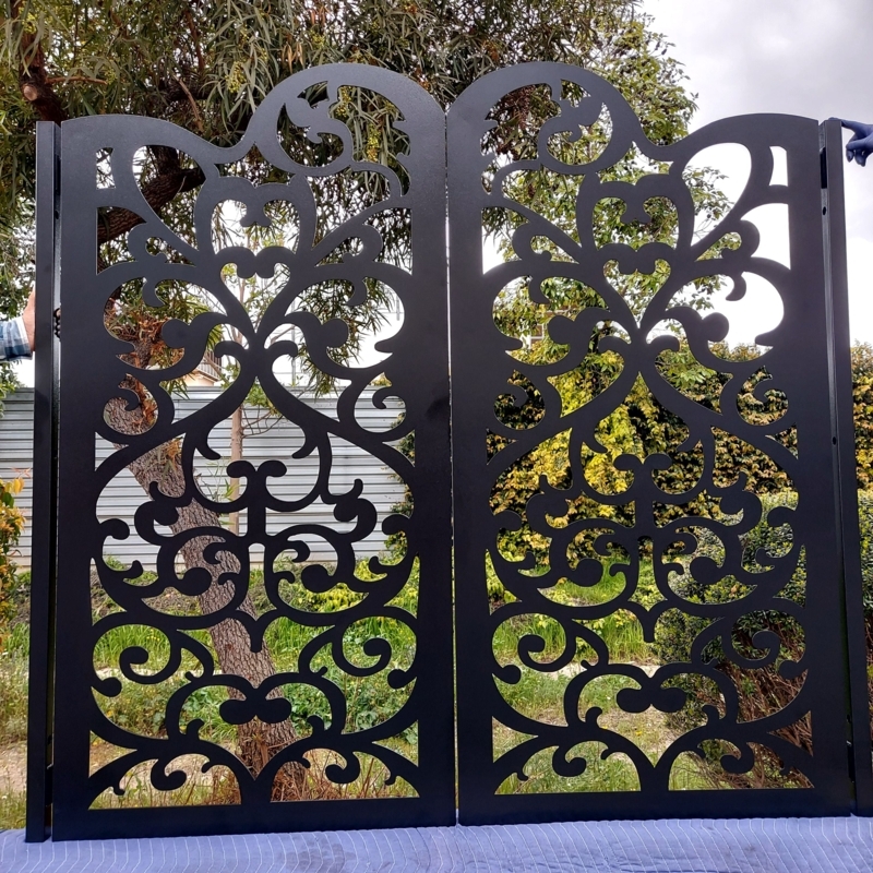Gate Panels Laser Cut Filigree Arched Top Matte Black Ornate Garden