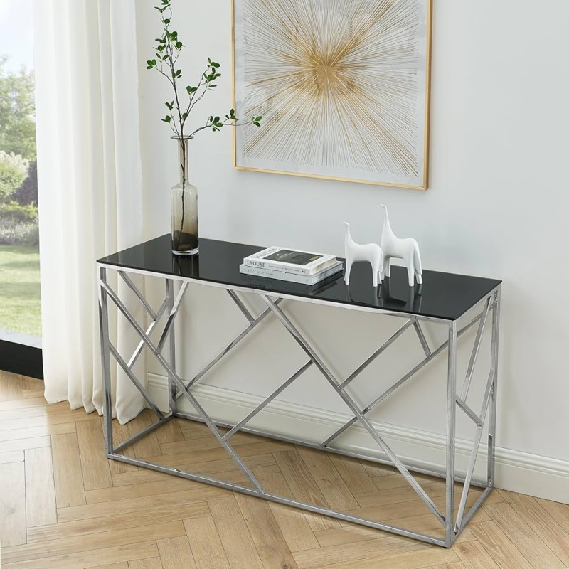 Geometric Base Console Table Black Glass Top Polished Modern Glam