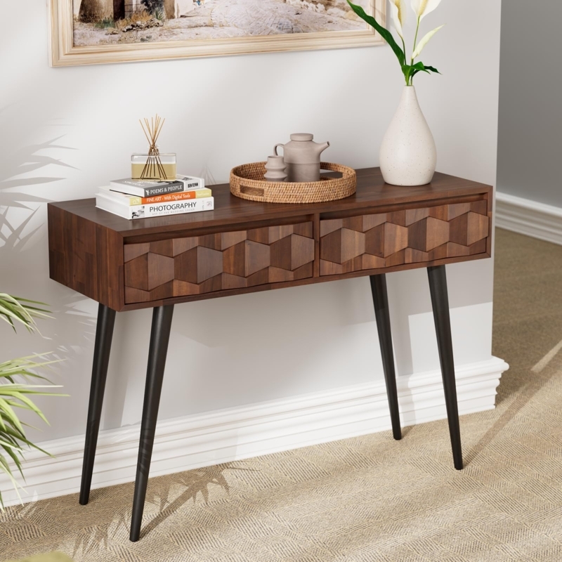 Geometric Carved Console Table Walnut Mid-Century Modern