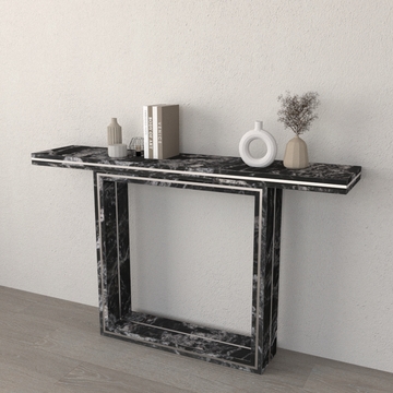 Geometric Console Table Black and White Stone Metallic Inlay