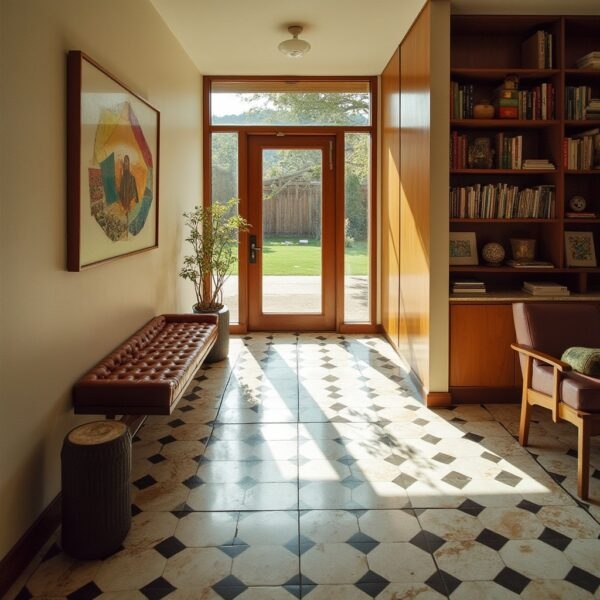 Geometric Entryway Floor Tile Ideas Tufted Leather Bench