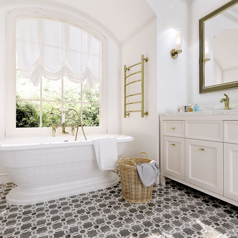 Geometric Floor Tile in Modern Farmhouse Bathroom with Gold Towel Warmer