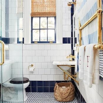 Geometric Floor Tile Navy and White Nautical Bathroom Design