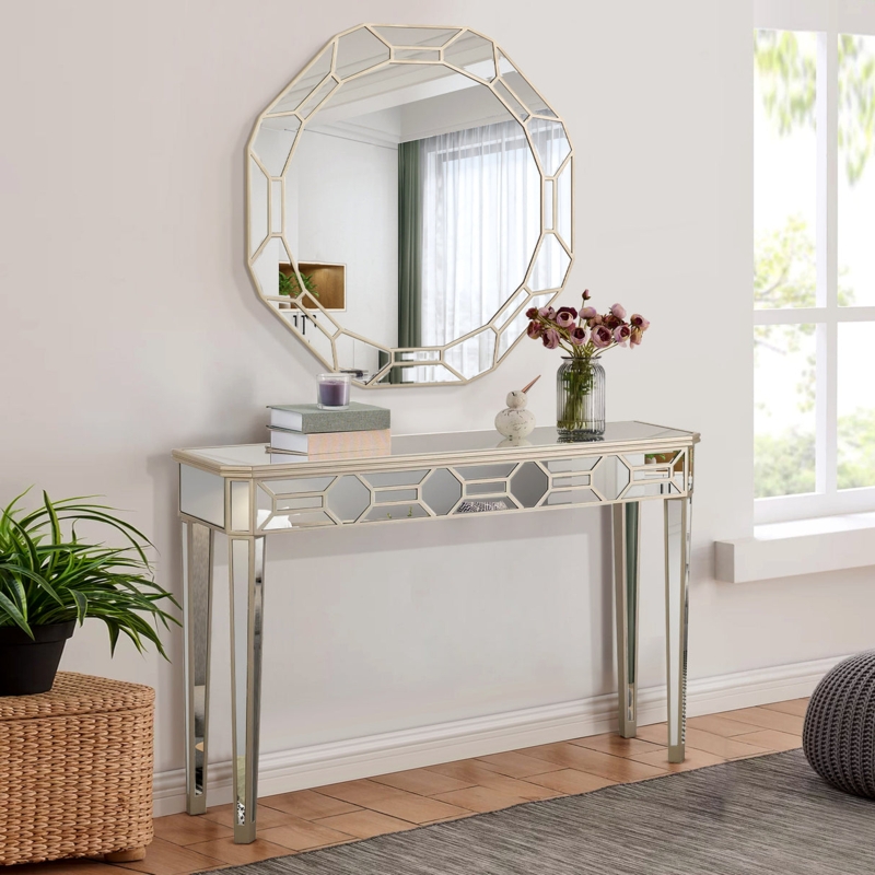 Geometric Fretwork Mirrored Console Table Set with Octagonal Mirror